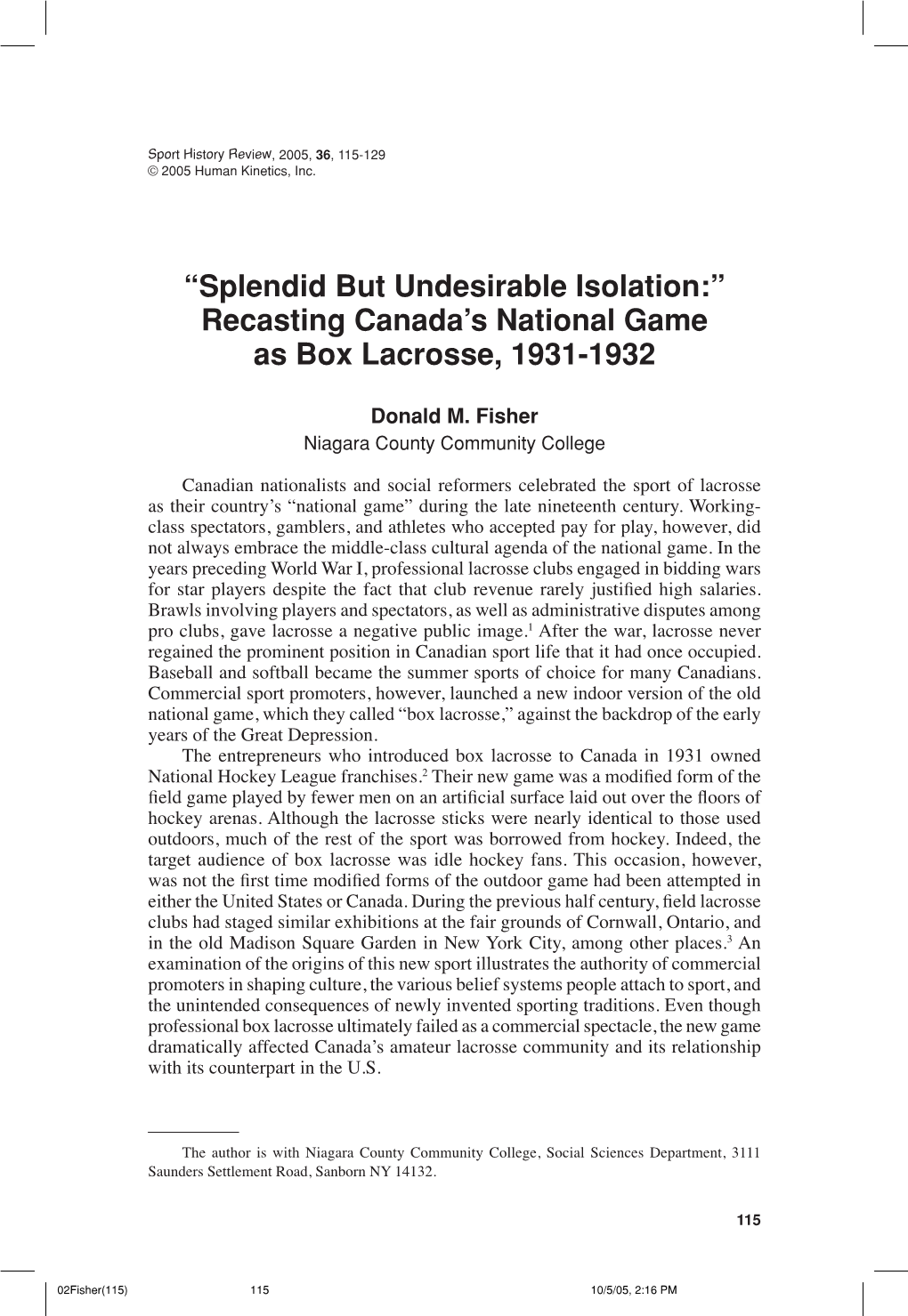 Recasting Canada's National Game As Box Lacrosse, 1931-1932