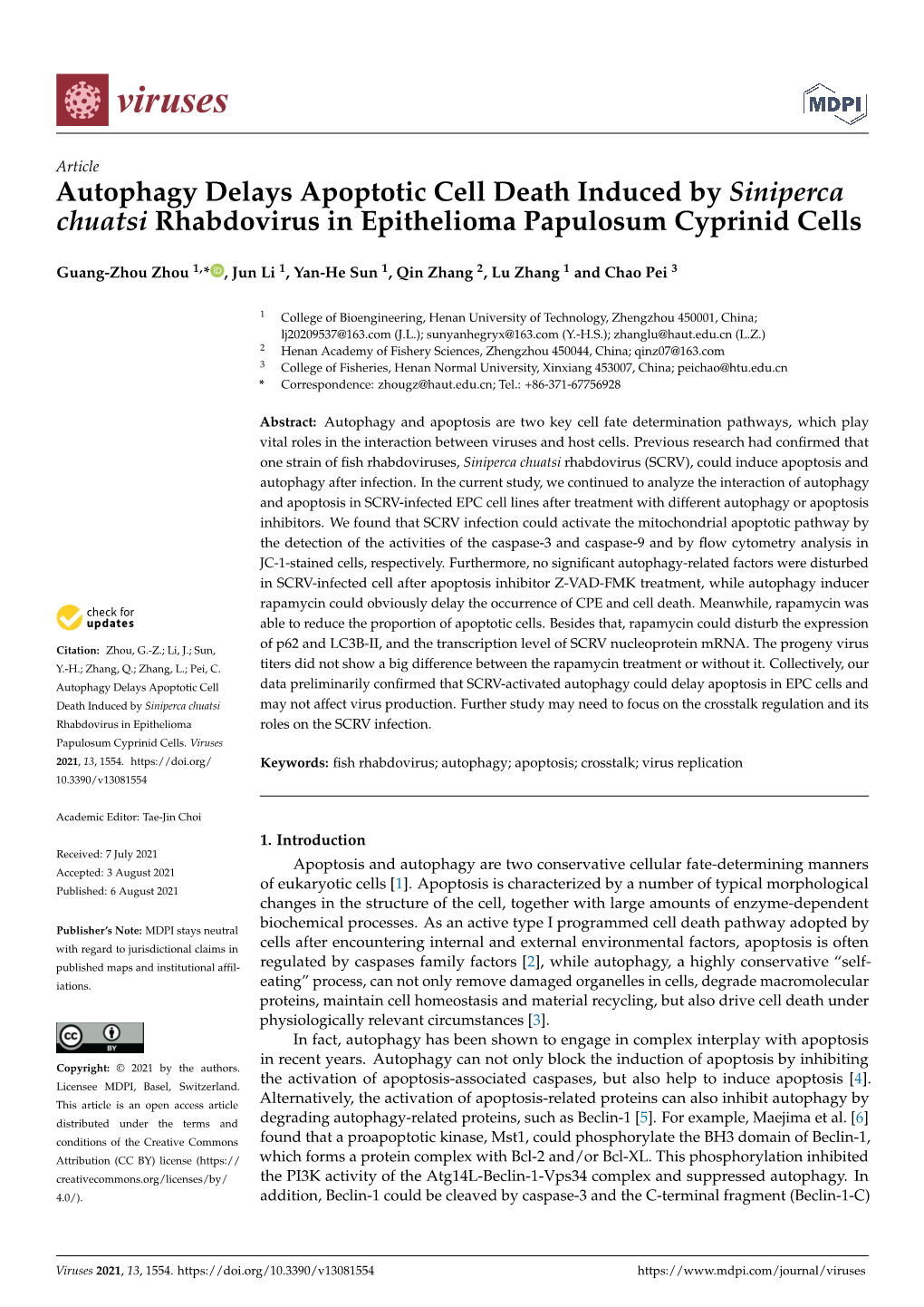 Autophagy Delays Apoptotic Cell Death Induced by Siniperca Chuatsi Rhabdovirus in Epithelioma Papulosum Cyprinid Cells