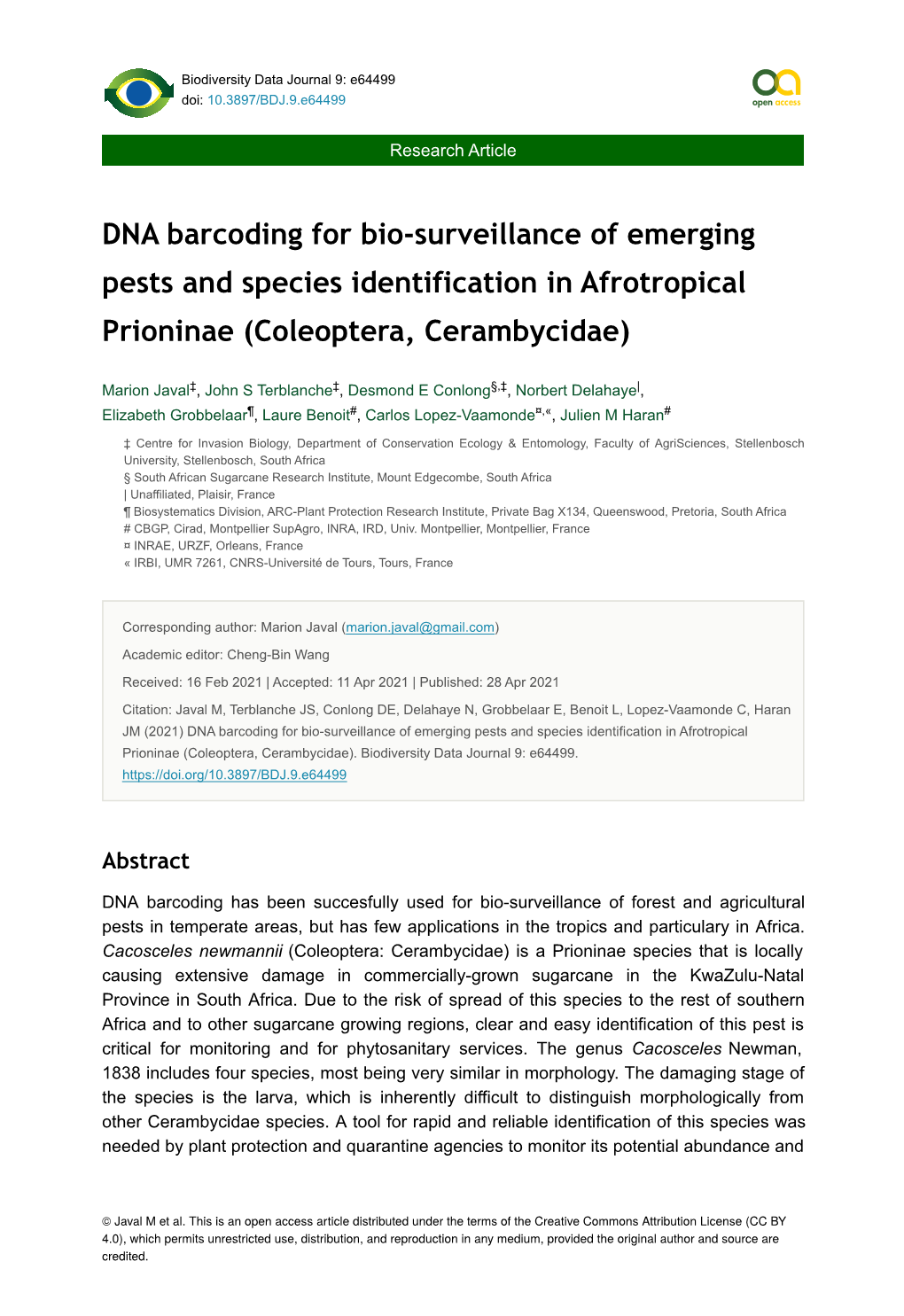 DNA Barcoding for Bio-Surveillance of Emerging Pests and Species Identification in Afrotropical Prioninae (Coleoptera, Cerambycidae)