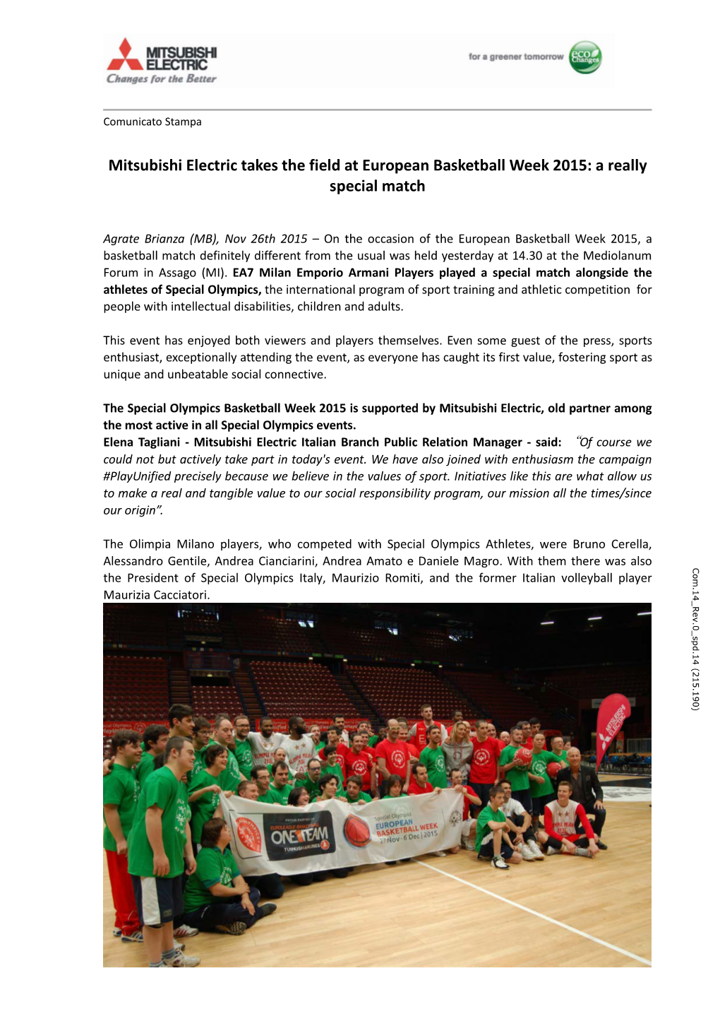 Mitsubishi Electric Takes the Field at European Basketball Week 2015: a Really Special Match