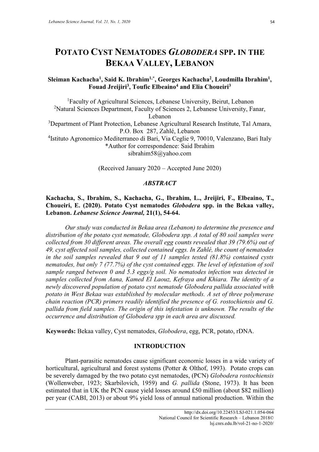 Potato Cyst Nematodes Globodera Spp. in the Bekaa Valley, Lebanon