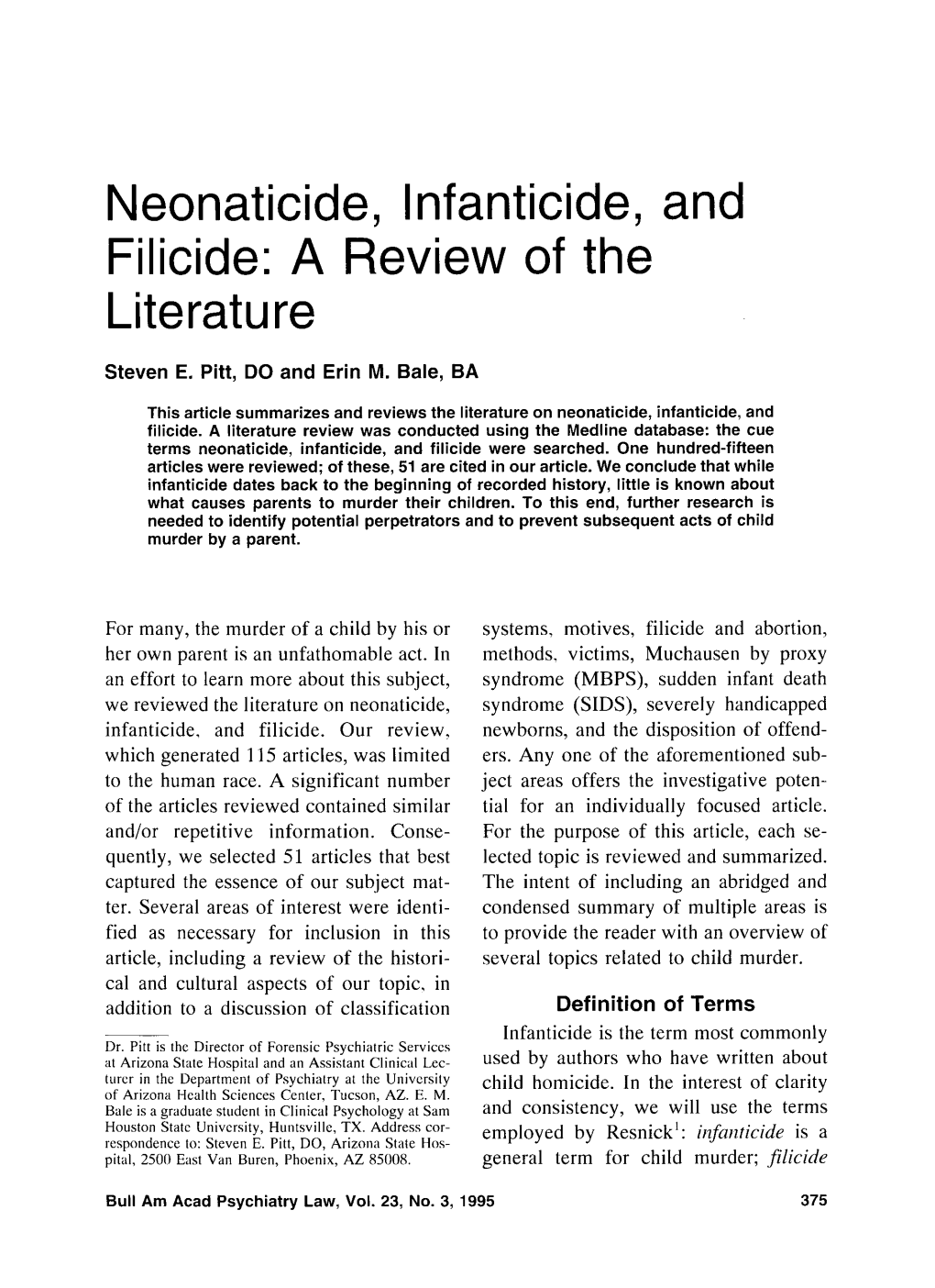 Neonaticide, Infanticide, and Filicide: a Review of the Literature