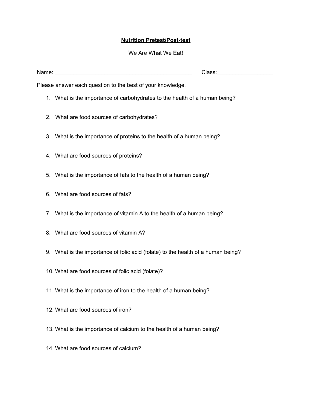 Nutrition Pretest/Post-Test