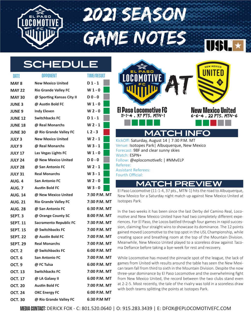 2021 Season Game Notes