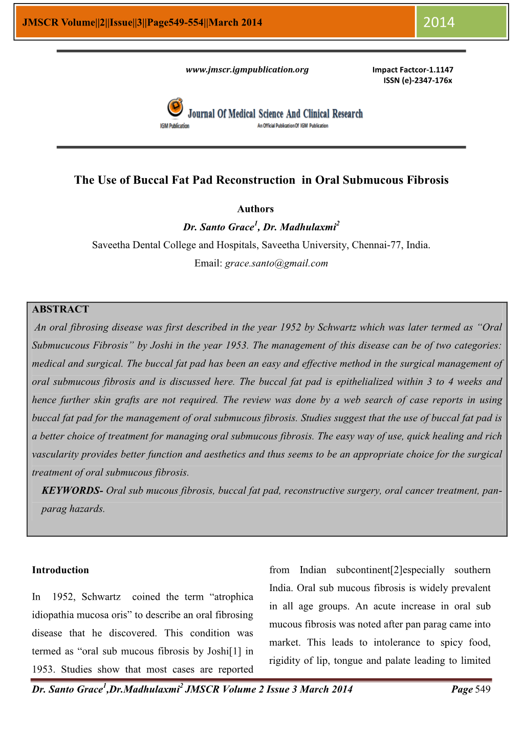 The Use of Buccal Fat Pad Reconstruction in Oral Submucous Fibrosis