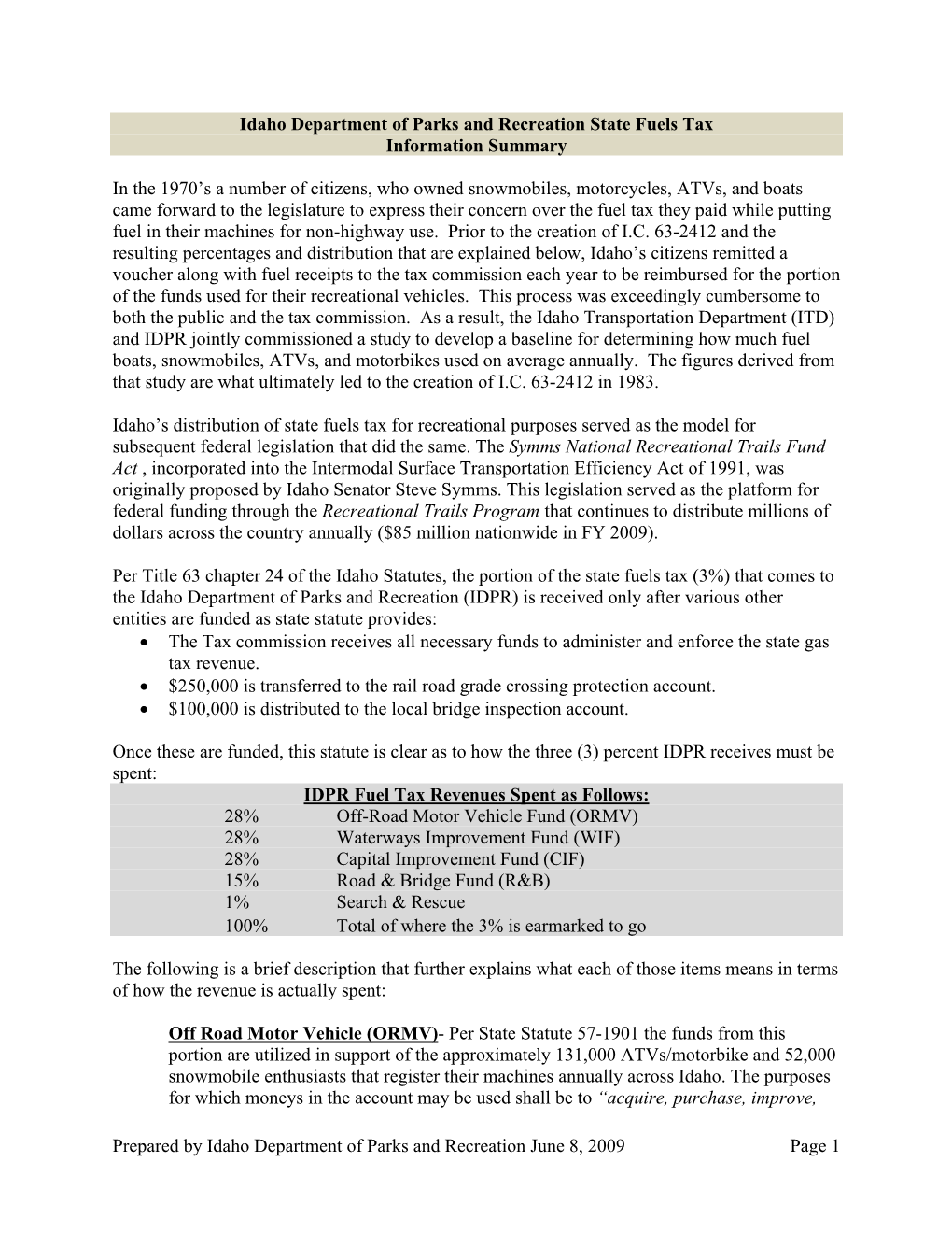 2009 IDPR Gas Tax Funded Recreational Grants