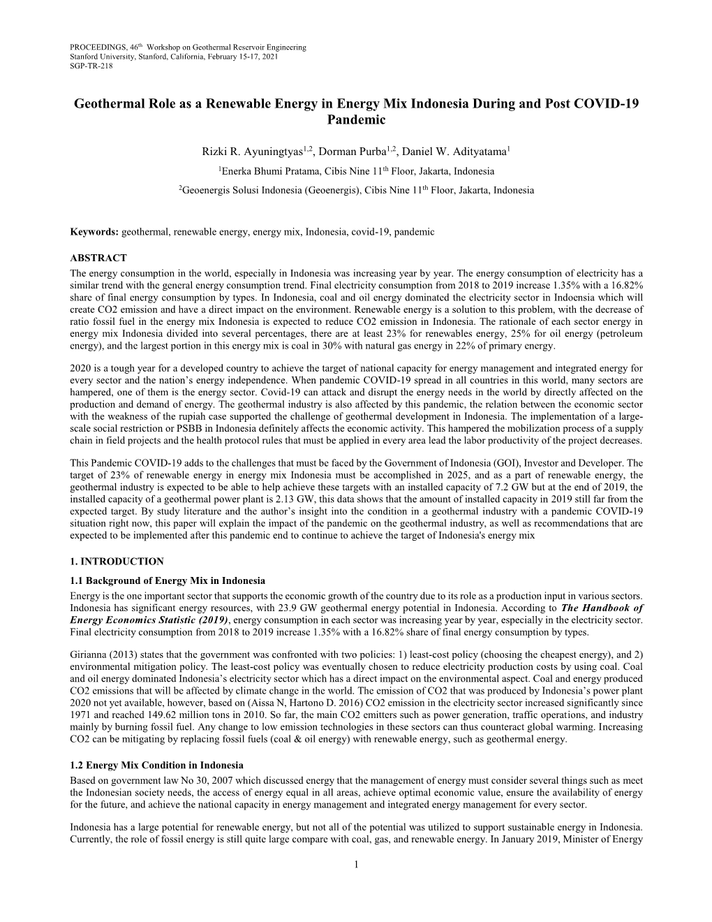 Geothermal Role As a Renewable Energy in Energy Mix Indonesia During and Post COVID-19 Pandemic