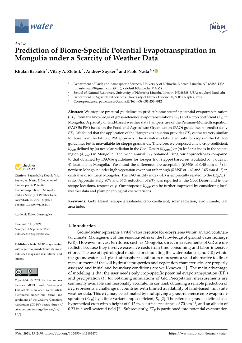 Prediction of Biome-Specific Potential Evapotranspiration in Mongolia
