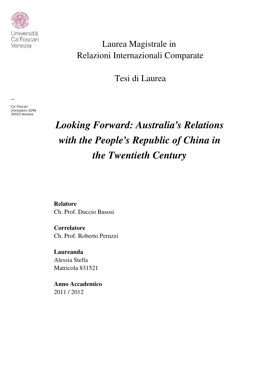 Australia's Relations with the People's Republic of China in the Twentieth Century