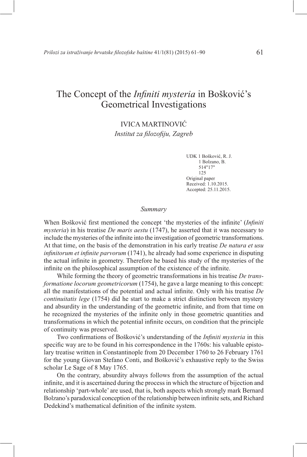 The Concept of the Infiniti Mysteria in Bošković's Geometrical Investigations