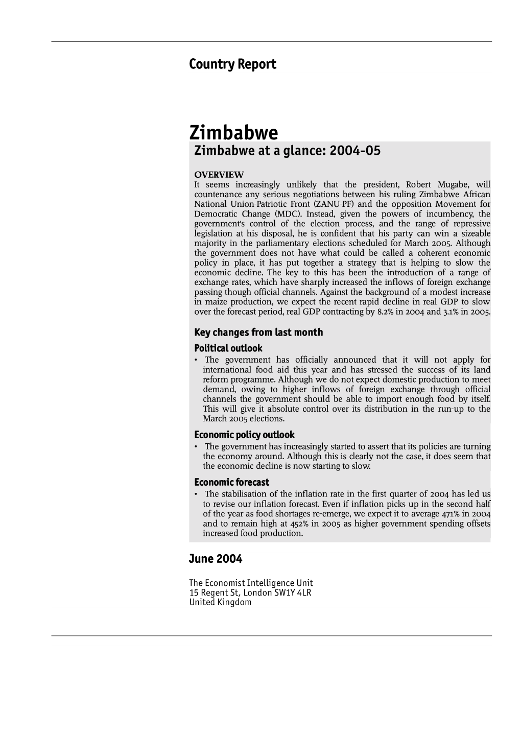 Zimbabwe Zimbabwe at a Glance: 2004-05
