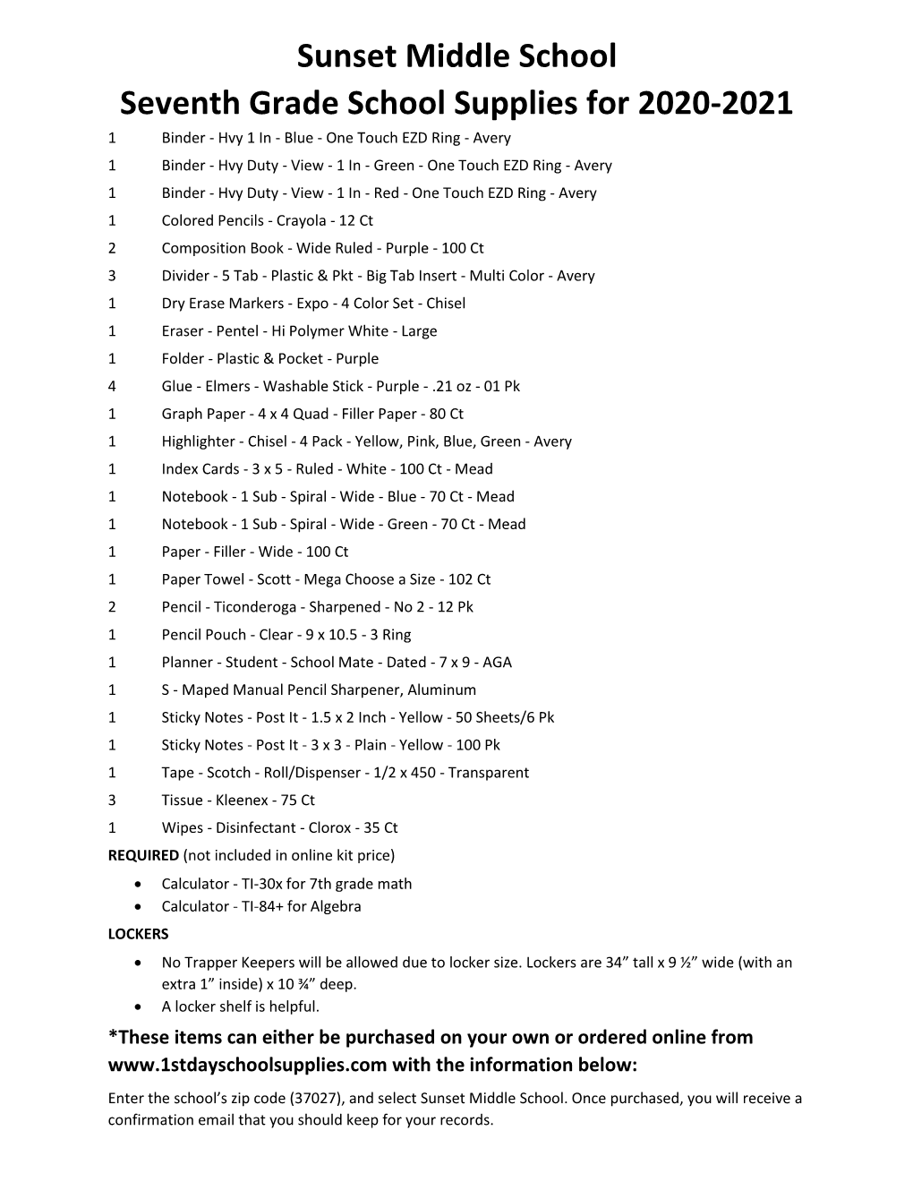 SMS 7Th Grade Supply List