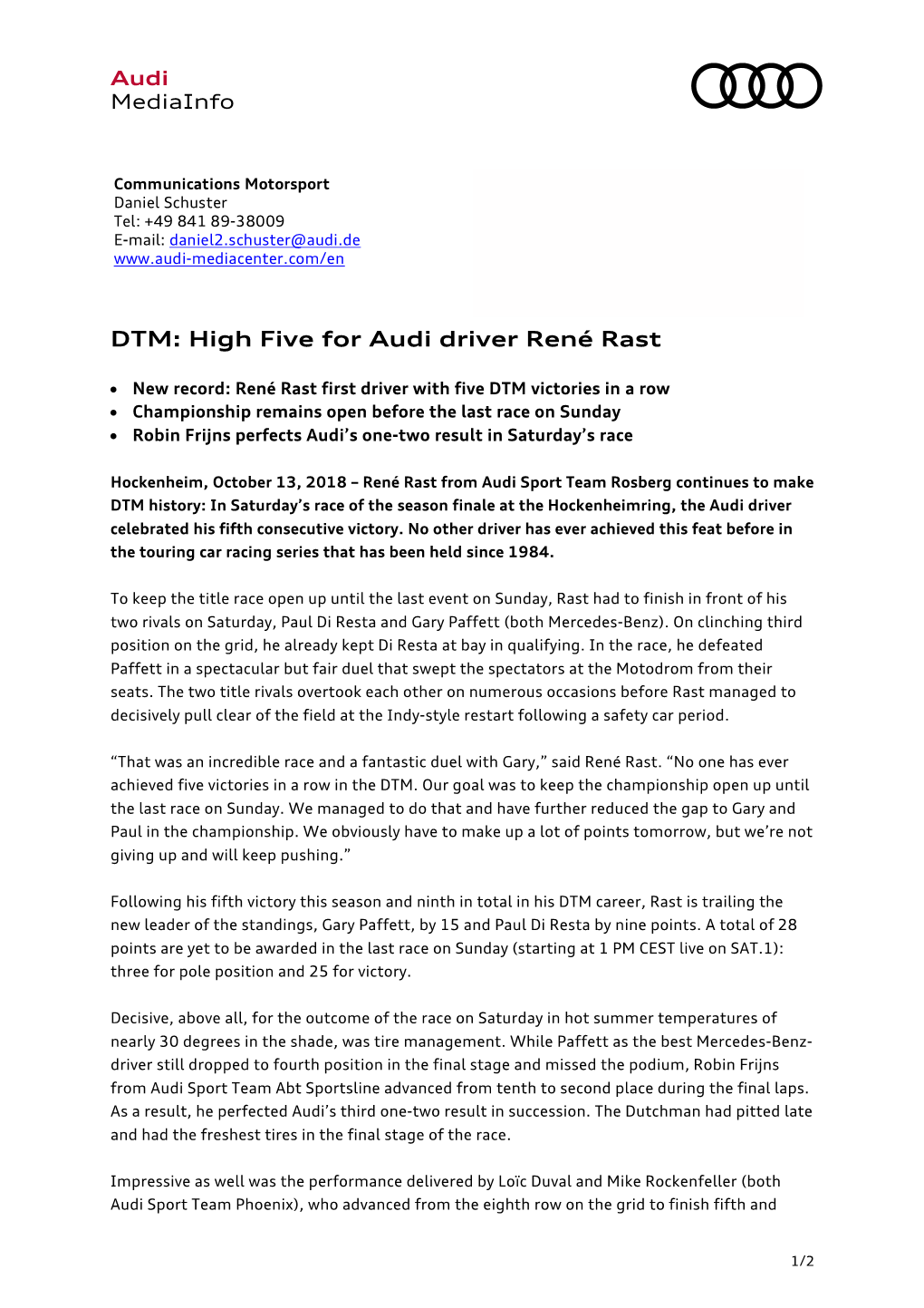 DTM: High Five for Audi Driver René Rast