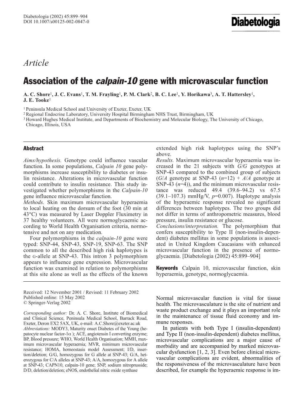 Association of the Calpain-10 Gene with Microvascular Function