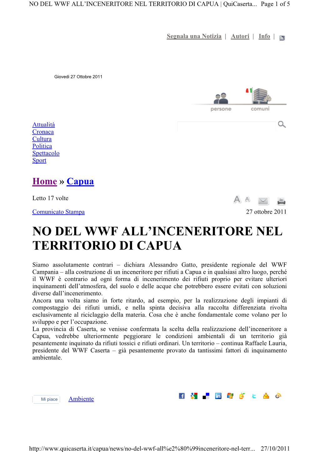 No Del Wwf All'inceneritore Nel Territorio Di Capua