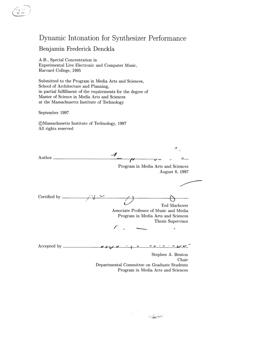 Dynamic Intonation for Synthesizer Performance Benjamin Frederick Denckla