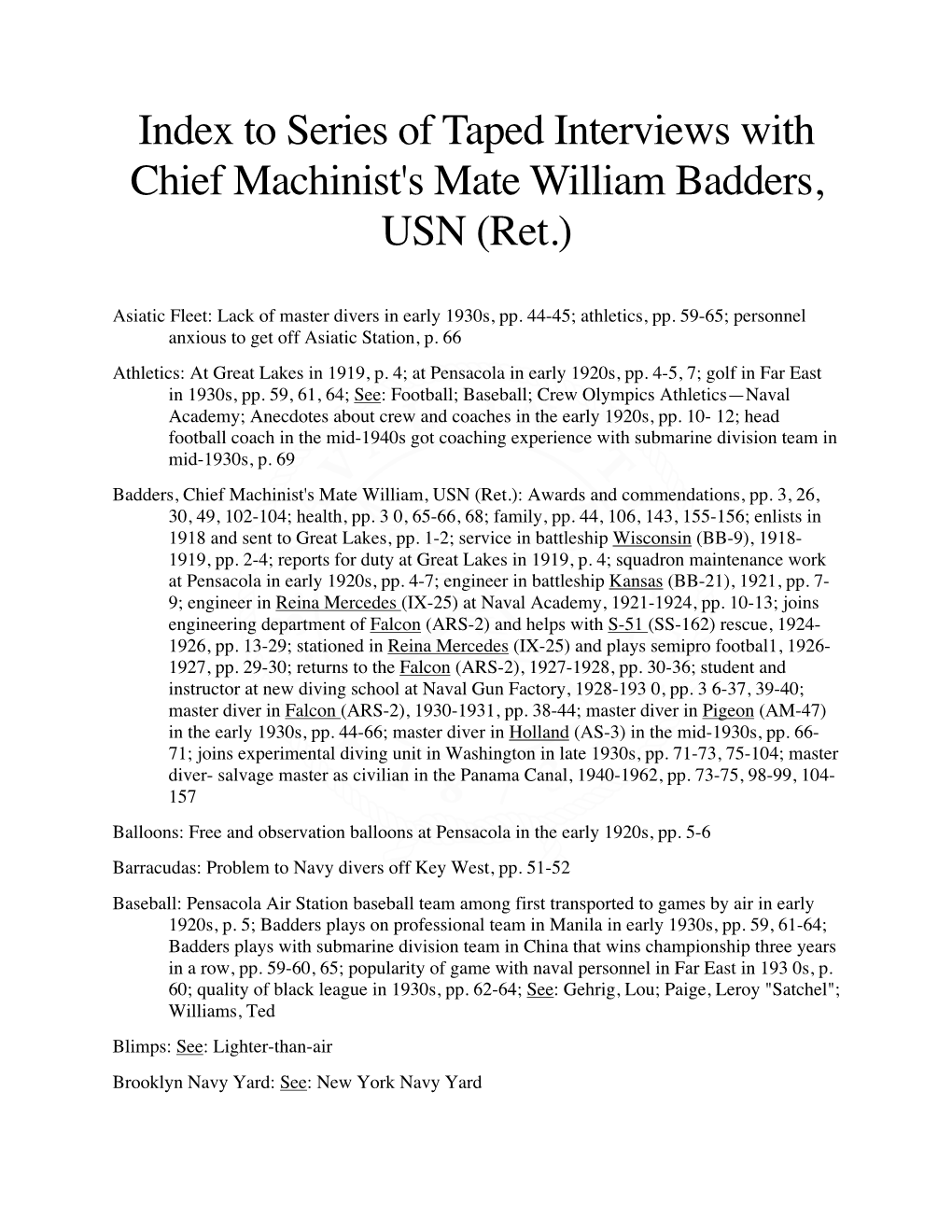 Index to Series of Taped Interviews with Chief Machinist's Mate William Badders, USN (Ret.)