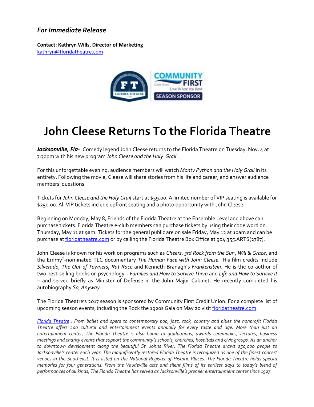 John Cleese Returns to the Florida Theatre