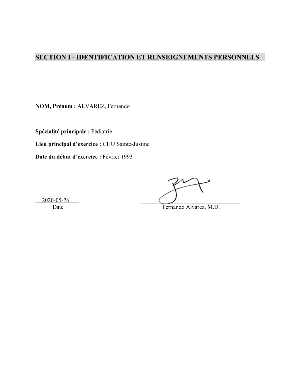 Section I - Identification Et Renseignements Personnels