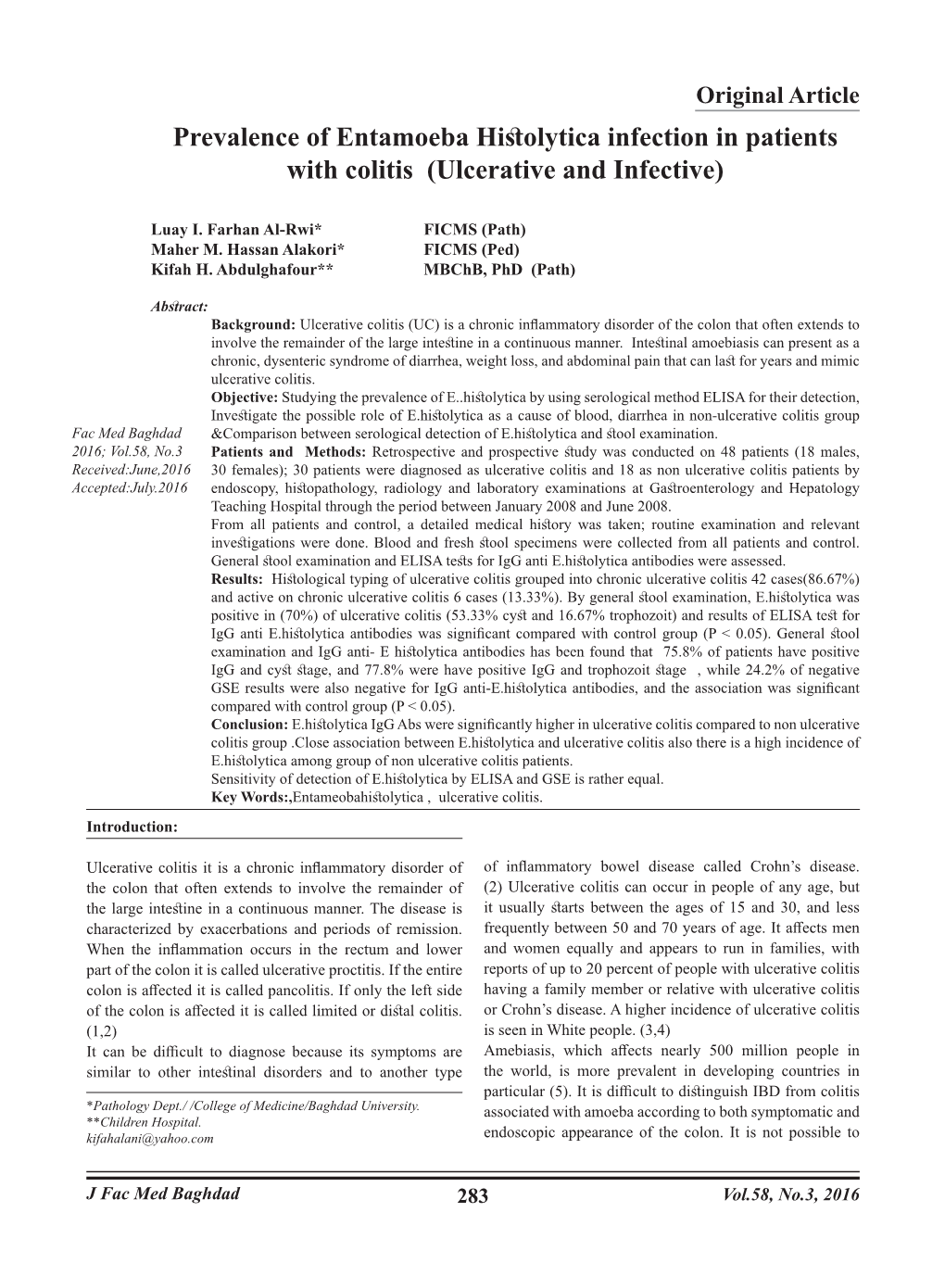 Prevalence of Entamoeba Histolytica Infection in Patients with Colitis (Ulcerative and Infective)