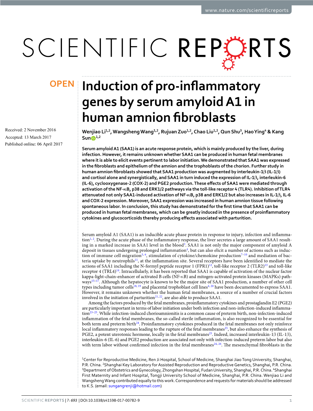 Induction of Pro-Inflammatory Genes by Serum Amyloid A1 in Human