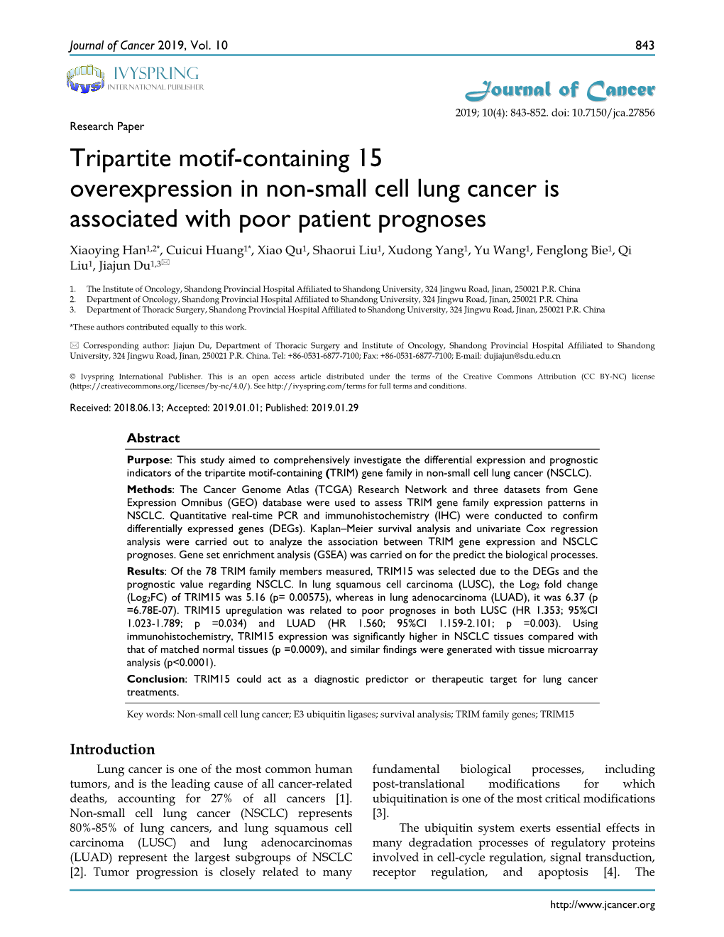 Tripartite Motif-Containing 15 Overexpression in Non-Small Cell