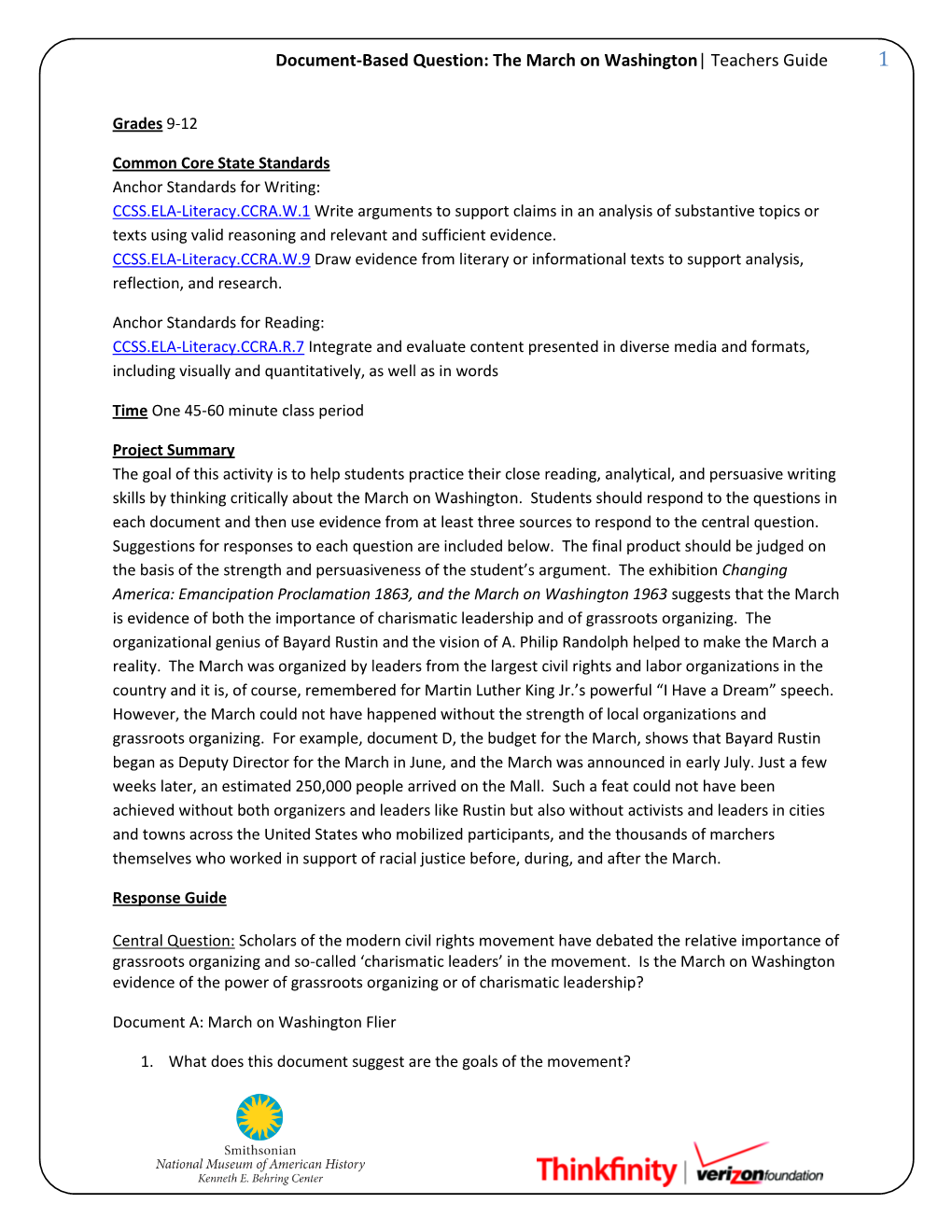 Document-Based Question: the March on Washington| Teachers Guide 1