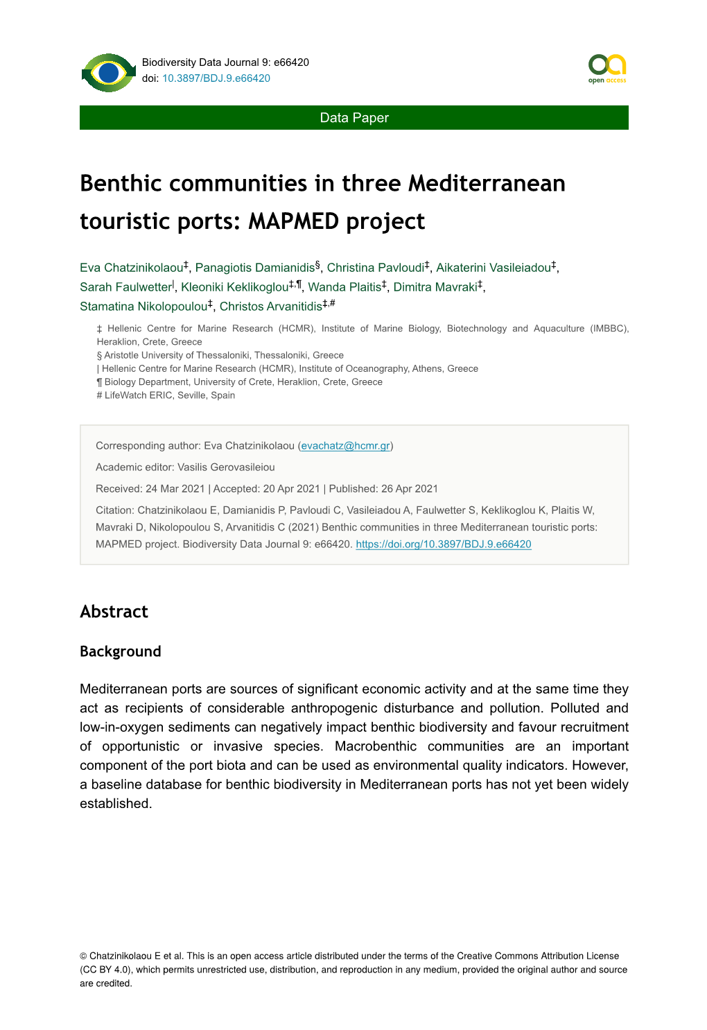 Benthic Communities in Three Mediterranean Touristic Ports: MAPMED Project