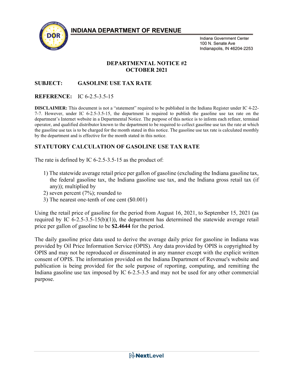 Departmental Notice #2 September 2021 Subject: Gasoline Use Tax Rate