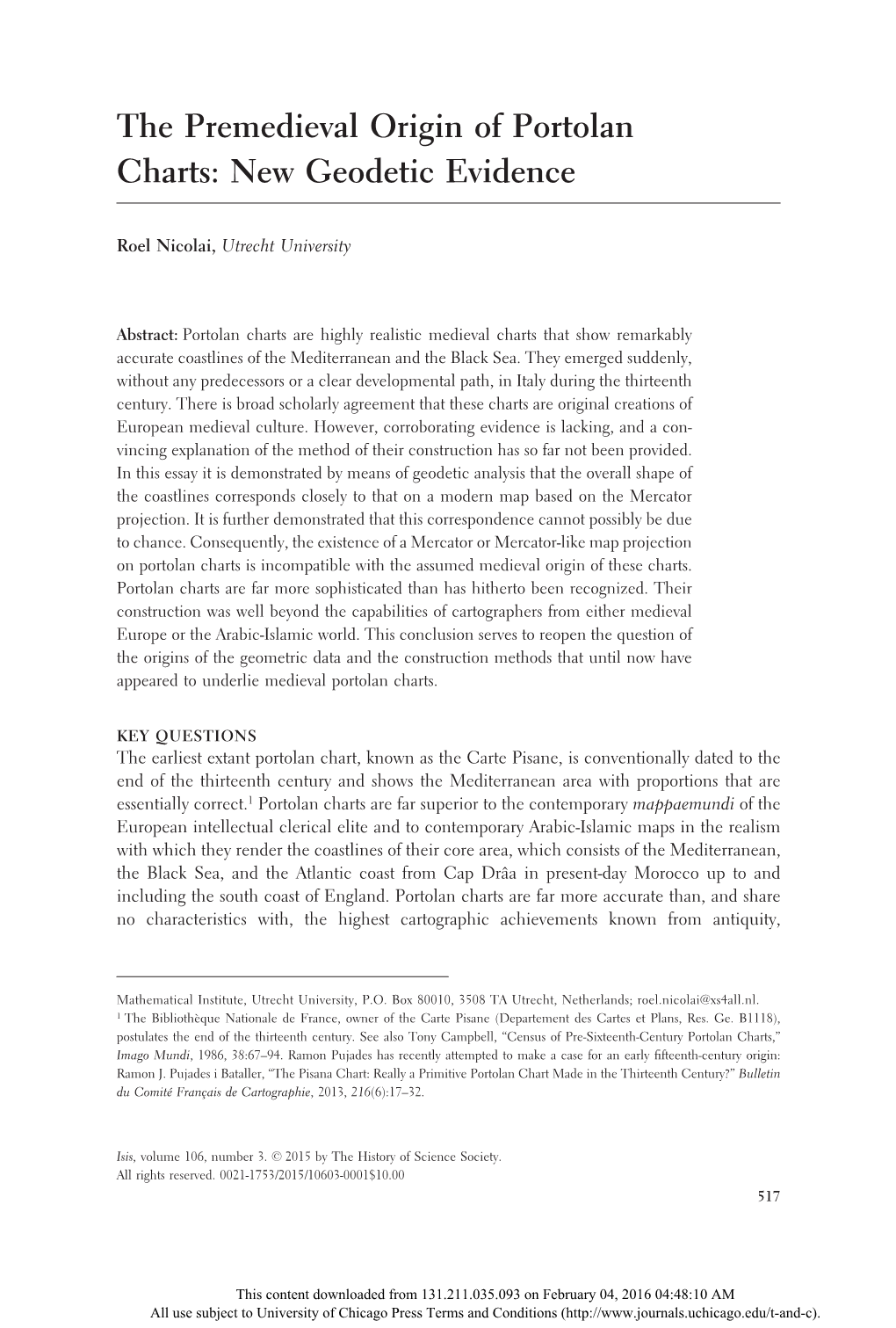 The Premedieval Origin of Portolan Charts: New Geodetic Evidence