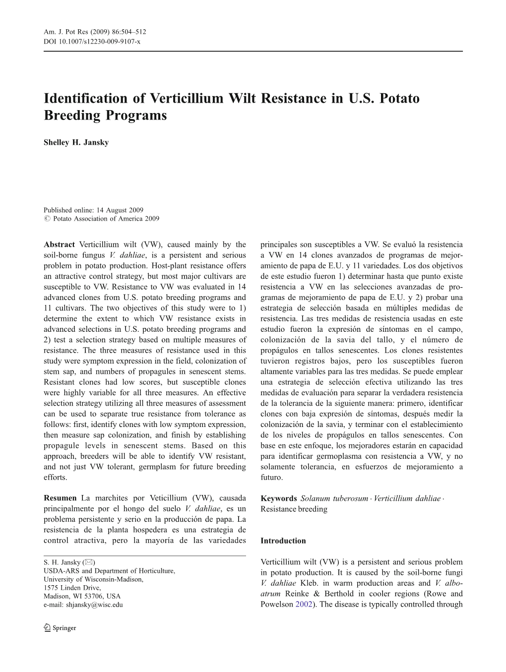 Identification of Verticillium Wilt Resistance in U.S. Potato Breeding Programs