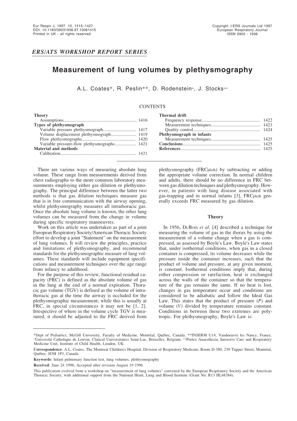 Measurement of Lung Volumes by Plethysmography