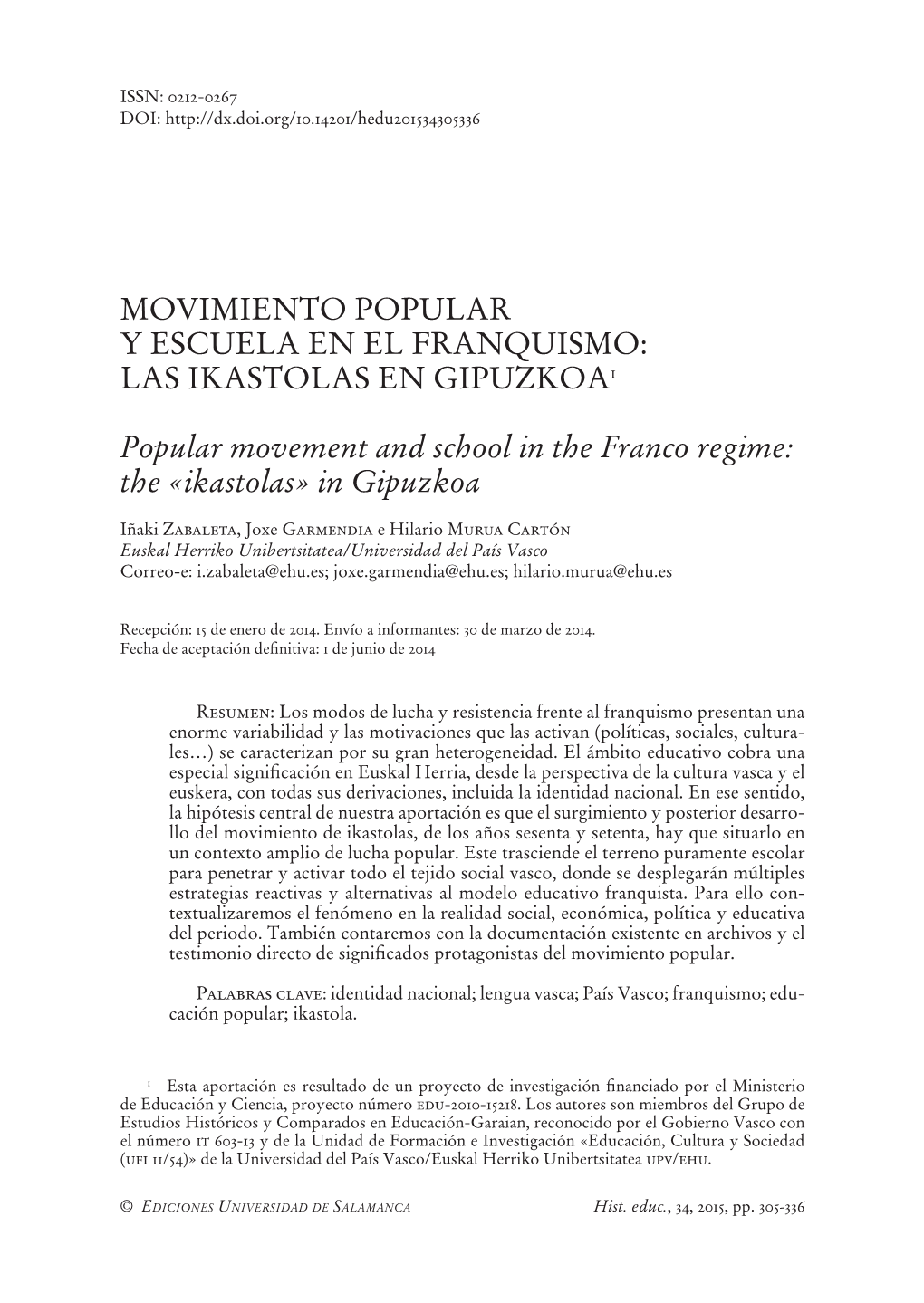 Movimiento Popular Y Escuela En El Franquismo: Las Ikastolas En Gipuzkoa