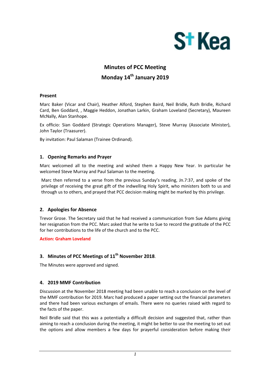 Minutes of PCC Meeting Monday 14 January 2019