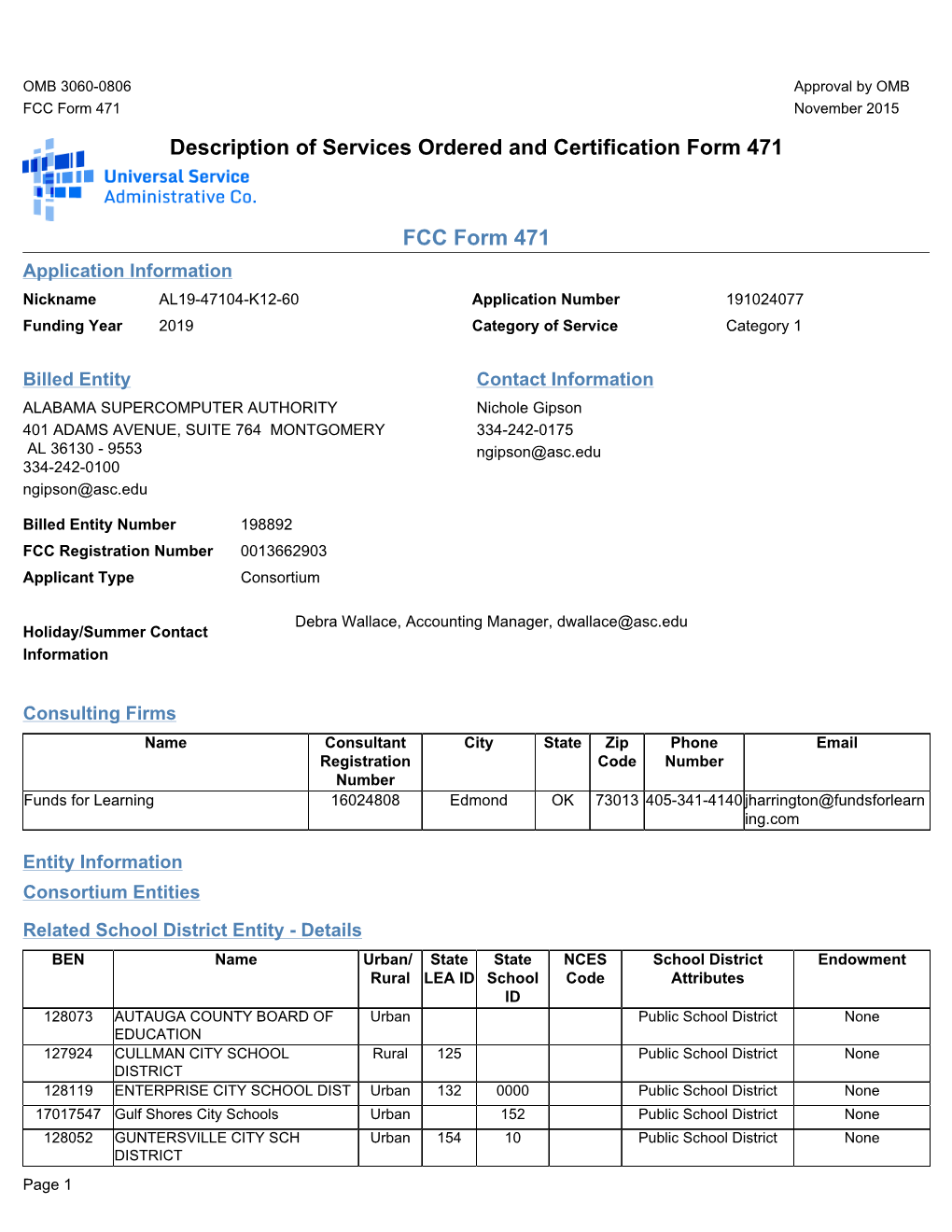 Description of Services Ordered and Certification Form 471 FCC Form