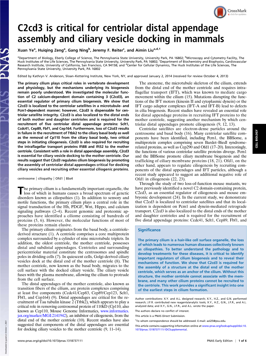 C2cd3 Is Critical for Centriolar Distal Appendage Assembly and Ciliary Vesicle Docking in Mammals