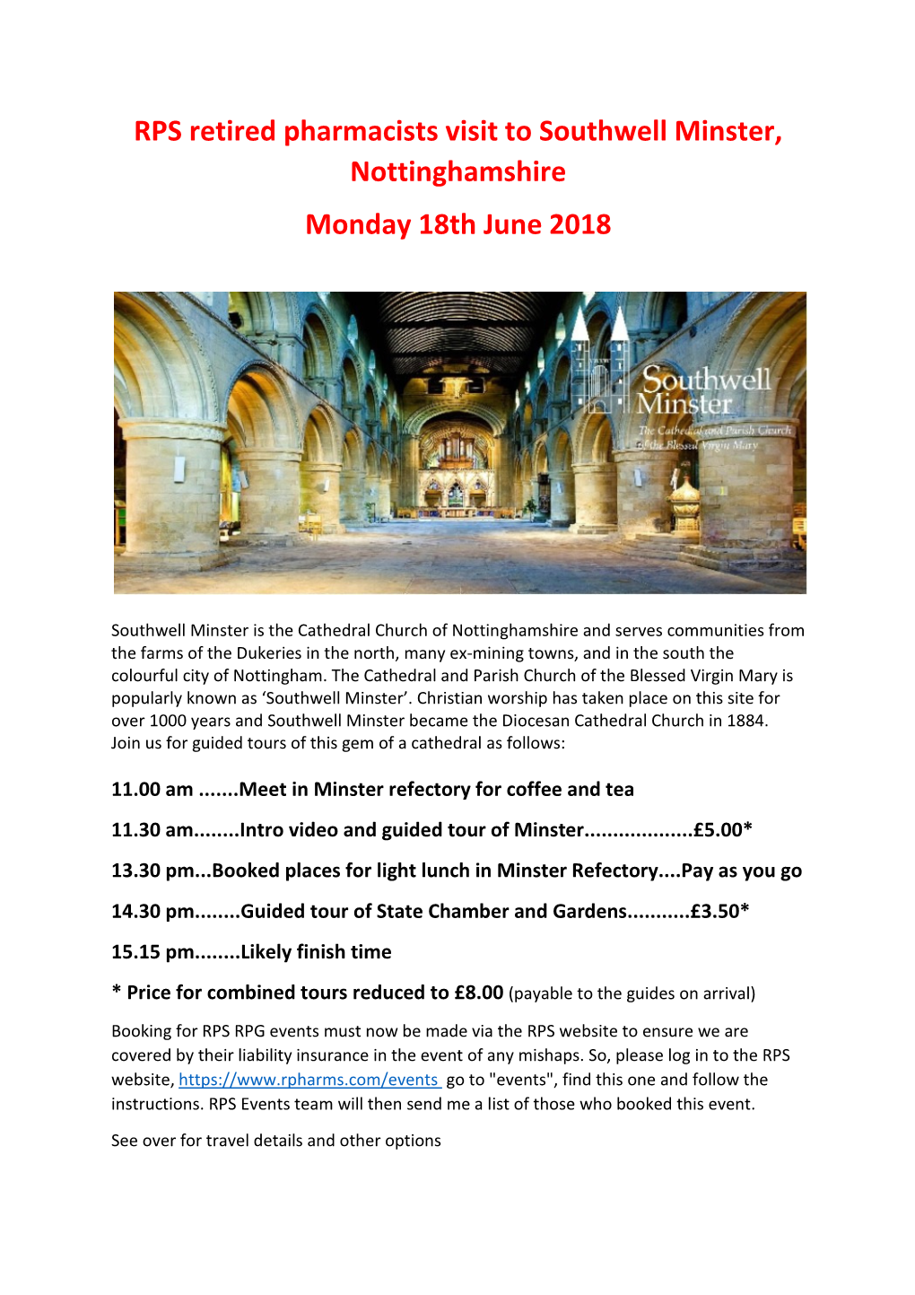 RPS Retired Pharmacists Visit to Southwell Minster, Nottinghamshire Monday 18Th June 2018