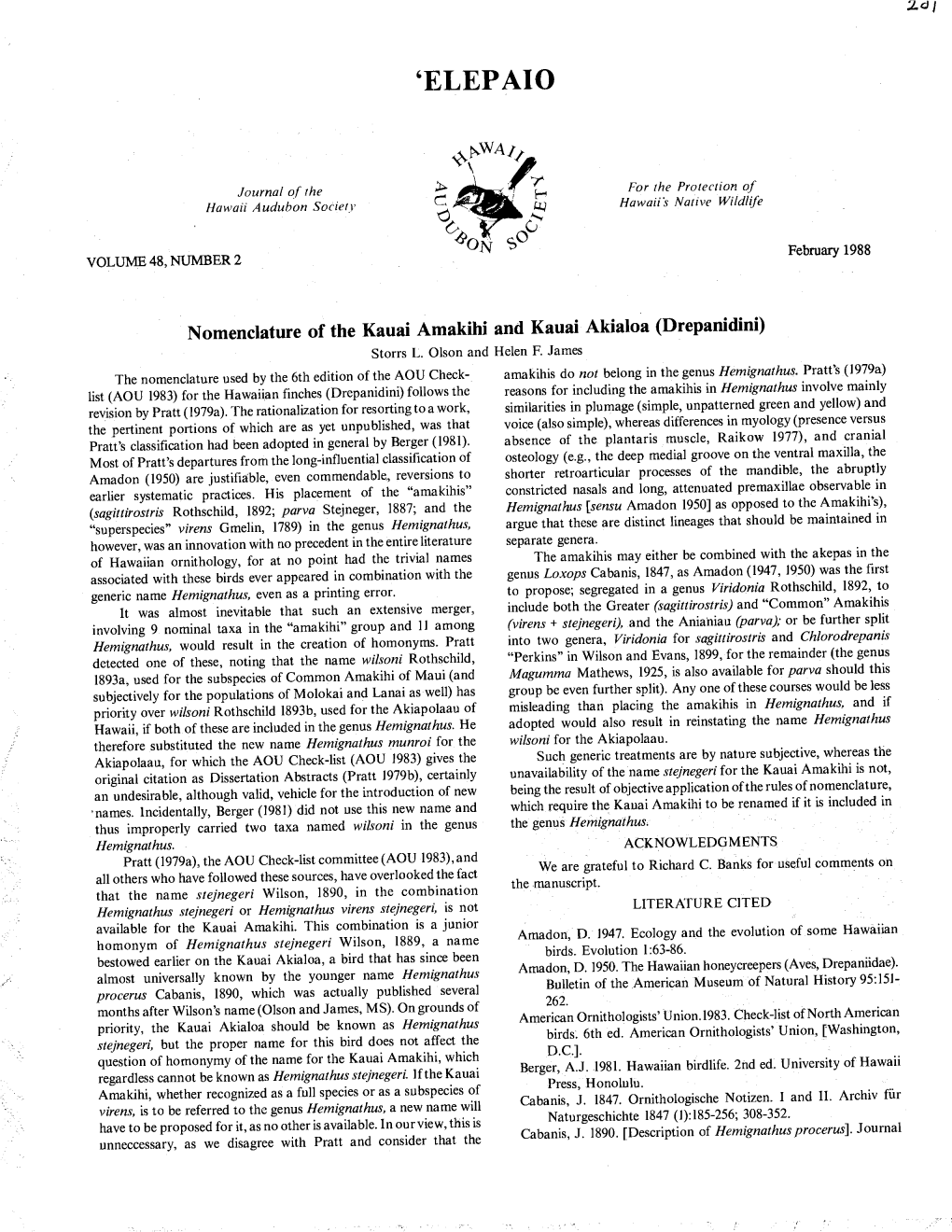 Nomenclature of the Kauai Amakihi and Kauai Akialoa (Drepanidini) Storrs L