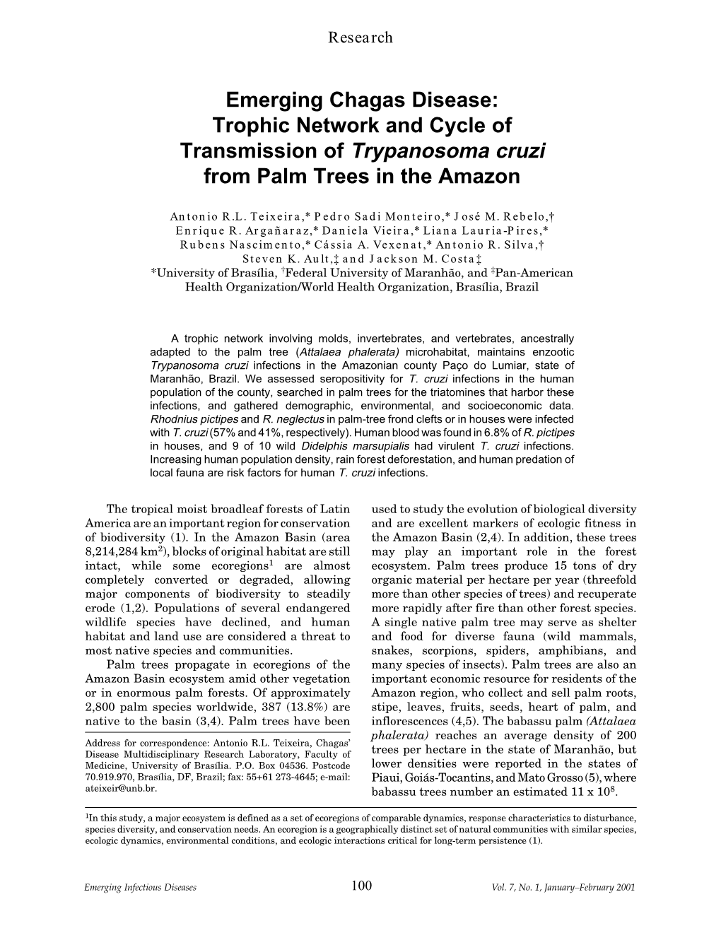 Emerging Chagas Disease: Trophic Network and Cycle of Transmission of Trypanosoma Cruzi from Palm Trees in the Amazon