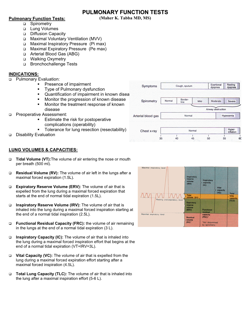 PULMONARY FUNCTION TESTS Pulmonary Function Tests: (Maher K