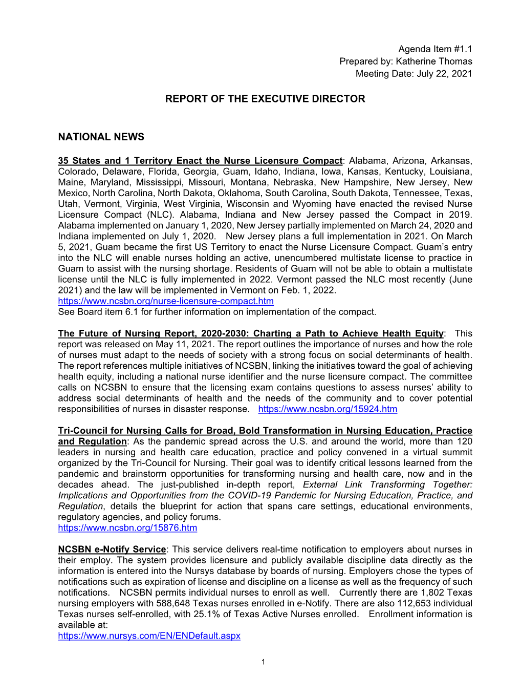 Report of the Executive Director National News