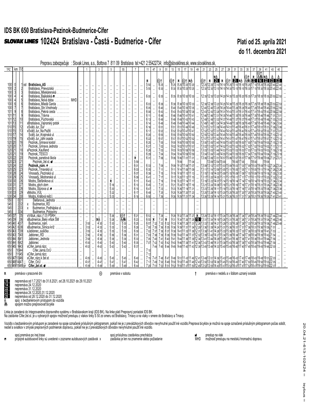 102424 Bratislava - Cˇ Astá - Budmerice - Cífer Platí Od 25