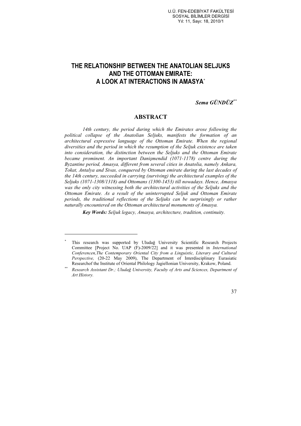 The Relationship Between the Anatolian Seljuks and the Ottoman Emirate: a Look at Interactions in Amasya*