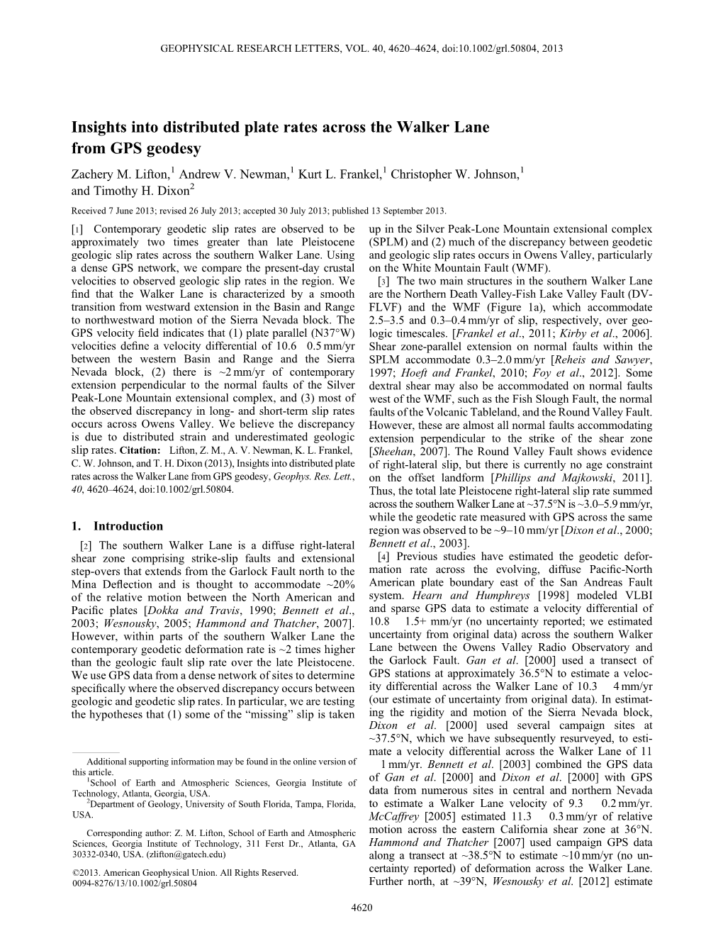 Insights Into Distributed Plate Rates Across the Walker Lane from GPS Geodesy Zachery M