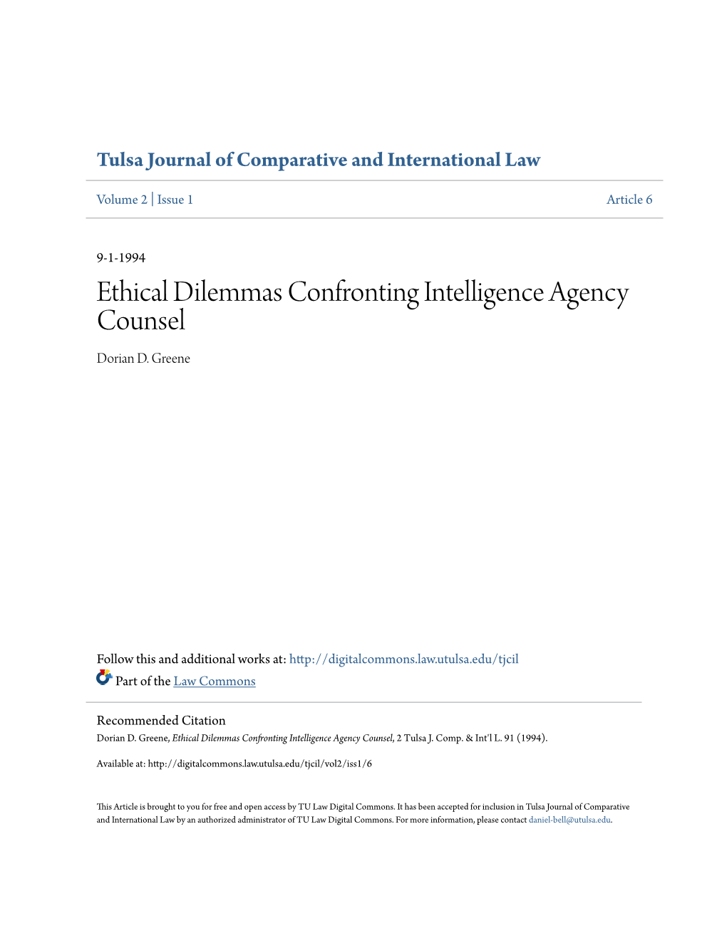 Ethical Dilemmas Confronting Intelligence Agency Counsel Dorian D
