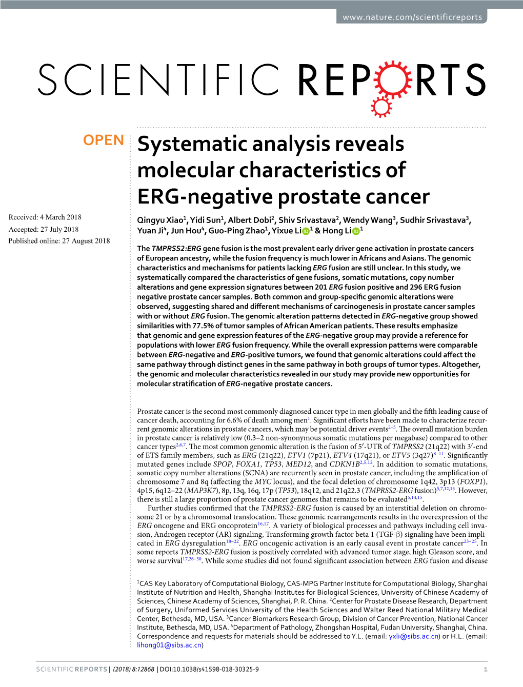 Systematic Analysis Reveals Molecular Characteristics of ERG-Negative