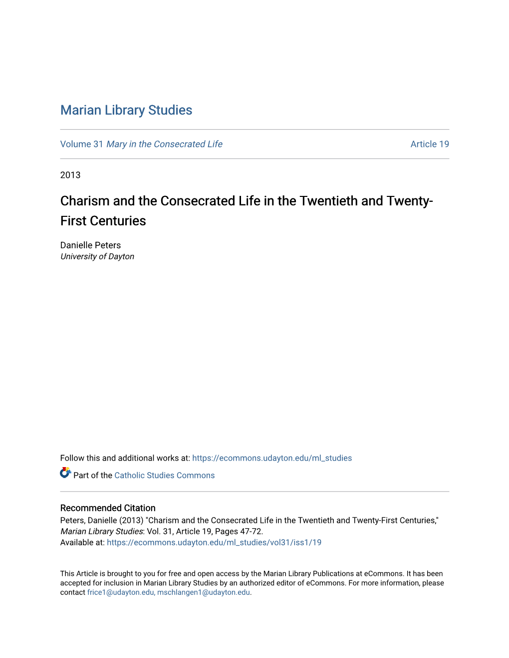 Charism and the Consecrated Life in the Twentieth and Twenty-First Centuries,