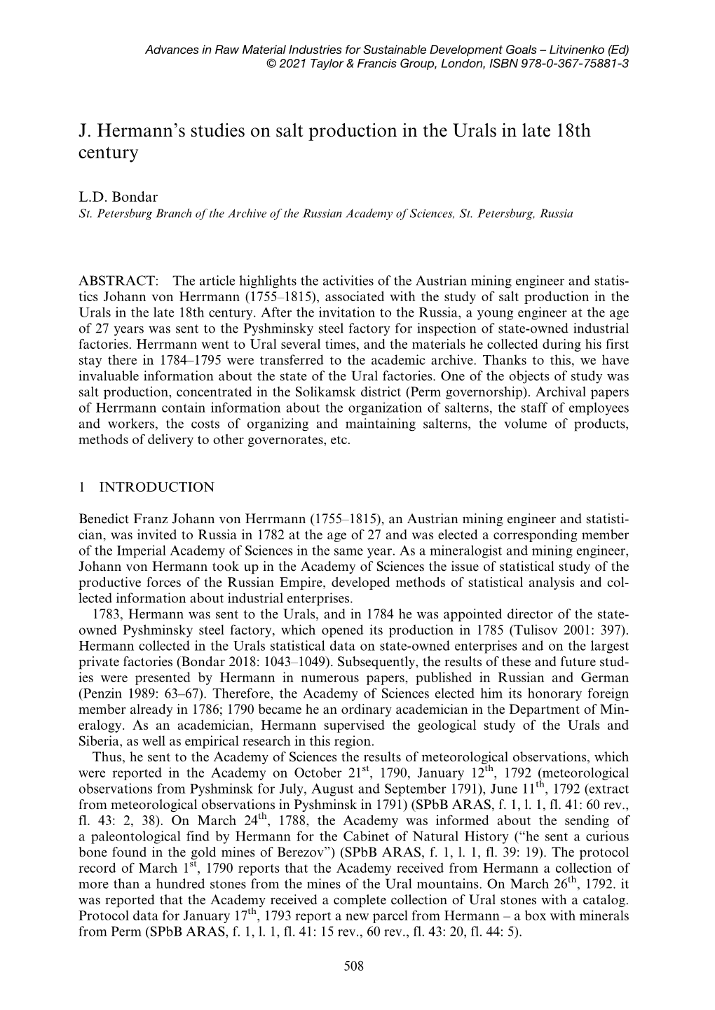 J. Hermann's Studies on Salt Production in the Urals in Late 18Th