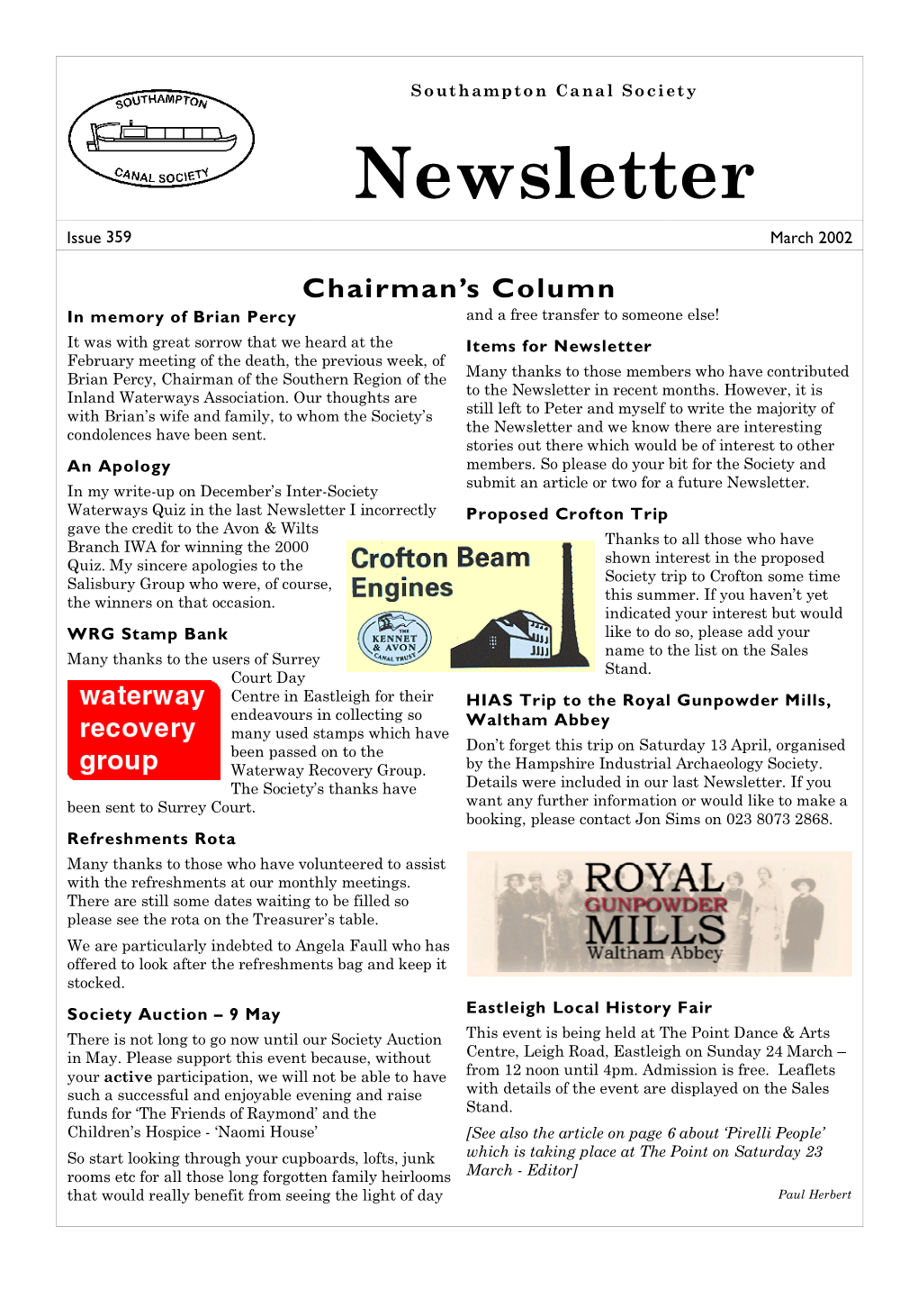 Southampton Canal Society Newsletter Issue 359 March 2002