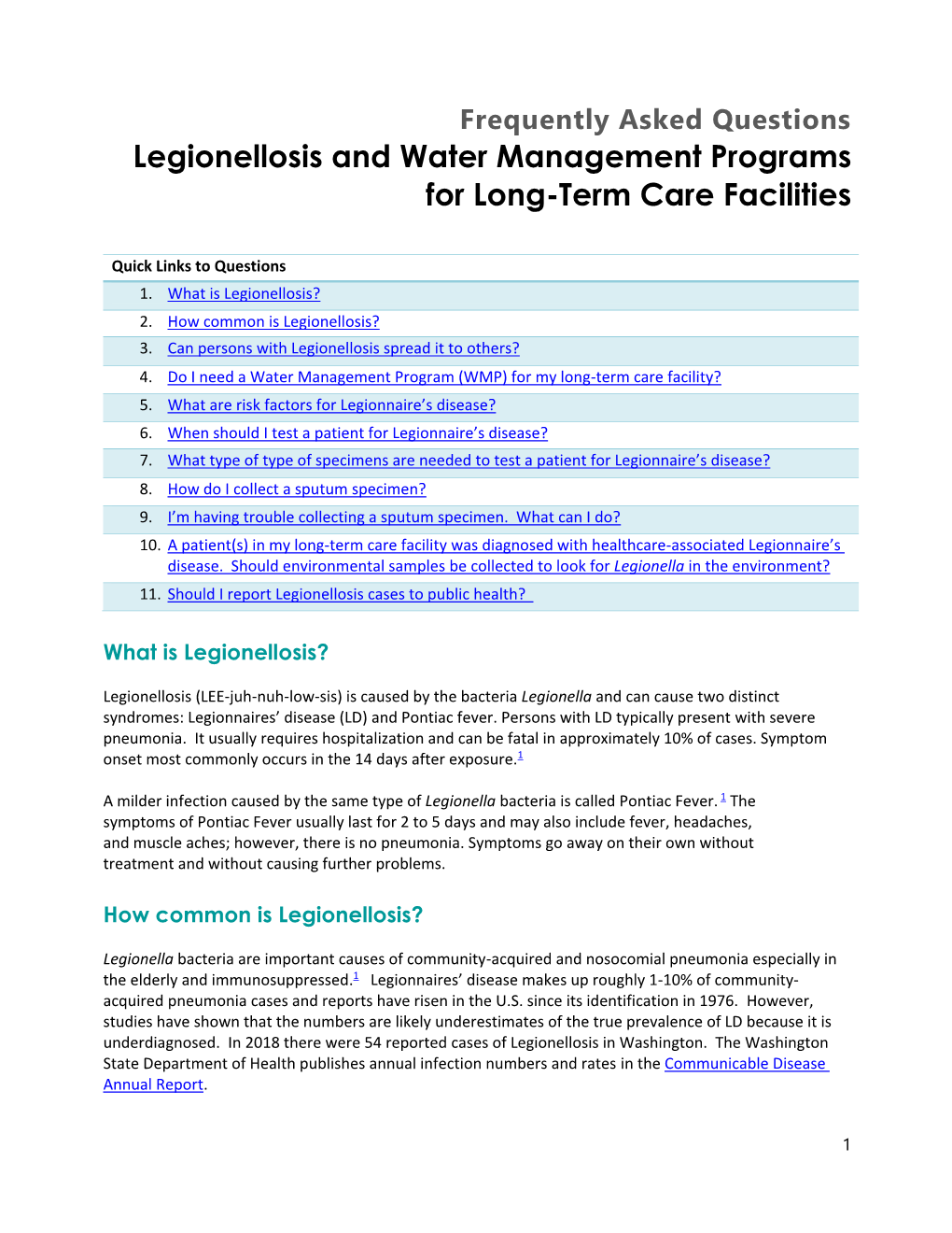 Legionellosis and Water Management Programs for Long-Term Care Facilities